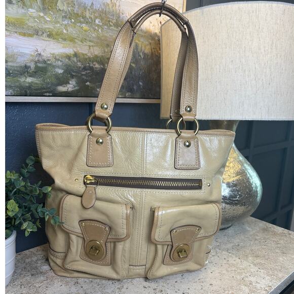 Coach Putty Tan Patent Leather Gigi Legacy Large Shopper Tote Bag Purse - Picture 1 of 9